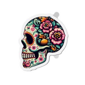 Sugar Skull Die-Cut Magnet — Colorful Day of the Dead Floral Skull Refrigerator Magnet