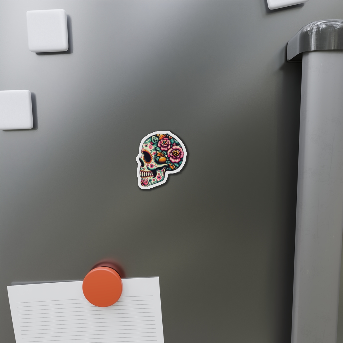 Sugar Skull Die-Cut Magnet — Colorful Day of the Dead Floral Skull Refrigerator Magnet - Image 2