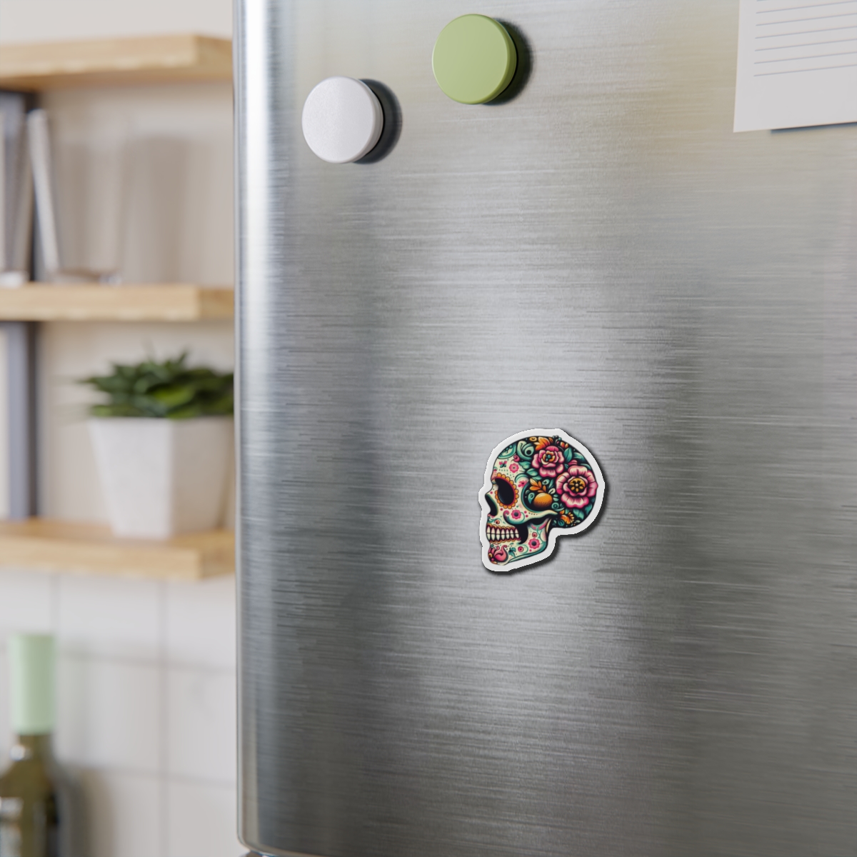 Sugar Skull Die-Cut Magnet — Colorful Day of the Dead Floral Skull Refrigerator Magnet - Image 3